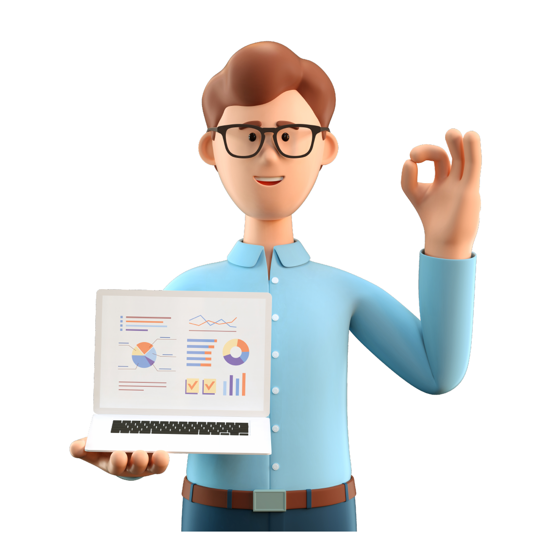 Ilustración en 3D de un hombre sonriente con gesto bueno mostrando gráficos de negocios en la computadora portátil de pantalla. Empresario de caricaturas con buena señal, trabajando en el cargo y analizando infografía, aislado en blanco.