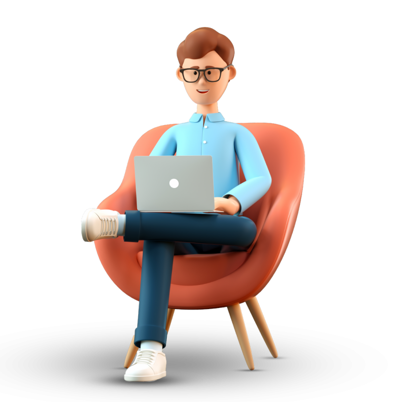 Ilustración en 3D de un hombre feliz sonriente con un portátil sentado en un sillón. Empresario de caricaturas trabajando en el cargo y usando las redes sociales, aislado de fondo blanco.