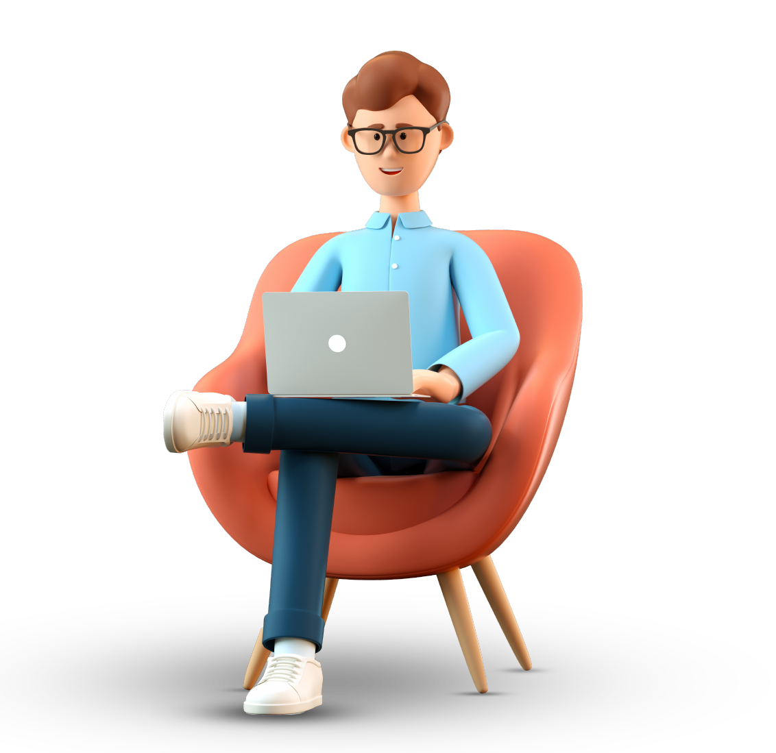Ilustración en 3D de un hombre feliz sonriente con un portátil sentado en un sillón. Empresario de caricaturas trabajando en el cargo y usando las redes sociales, aislado de fondo blanco.