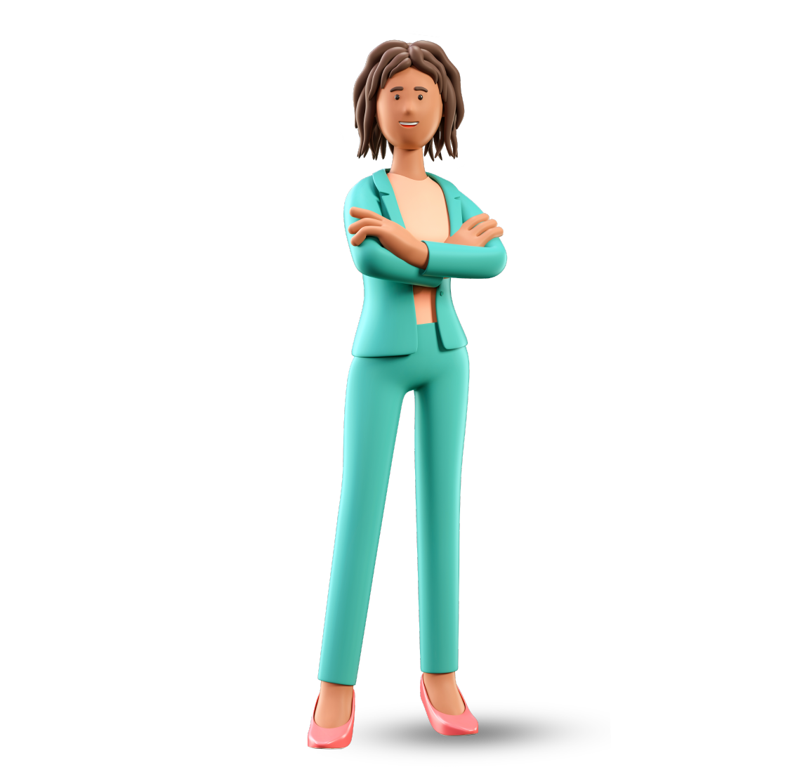 Ilustración en 3D de una mujer afroamericana con brazos cruzados. Retrato de una caricaturista sonriente mujer de negocios elegante con traje verde, aislada de fondo blanco.